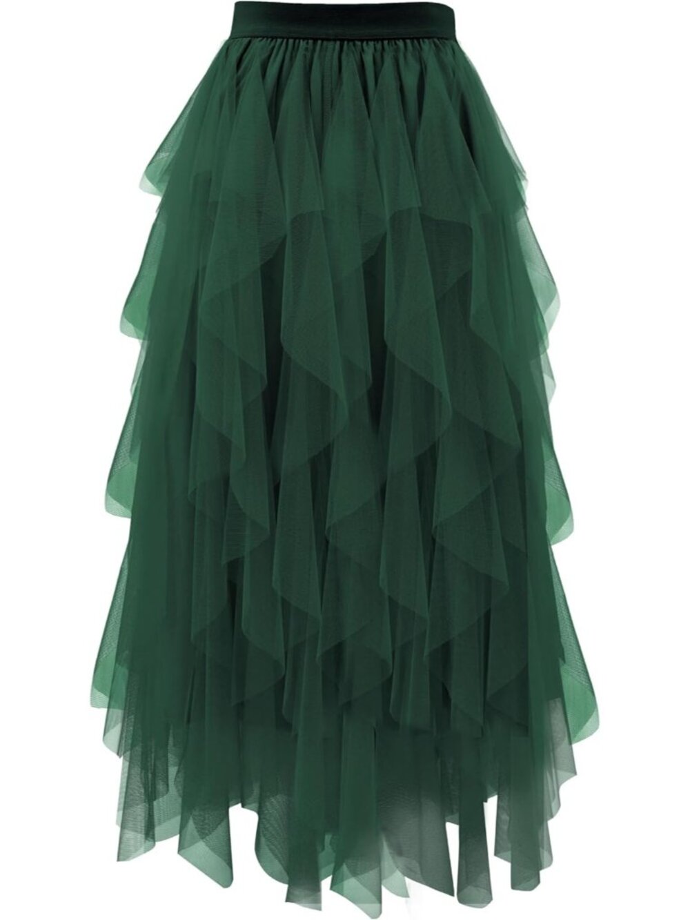 Women's Green High Waist Layered Tulle Mesh Ruffle Asymmetric Midi Tutu Skirt